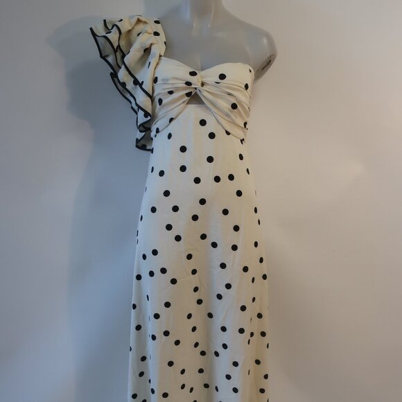 NWT Womens Benaar Natalie Ivory Black Polka Dot One Shoulder Paris Midi Dress S - Picture 5 of 15